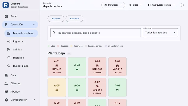 Plazync — mapa de plazas de una cochera con sus estados de ocupación, con datos de demostración